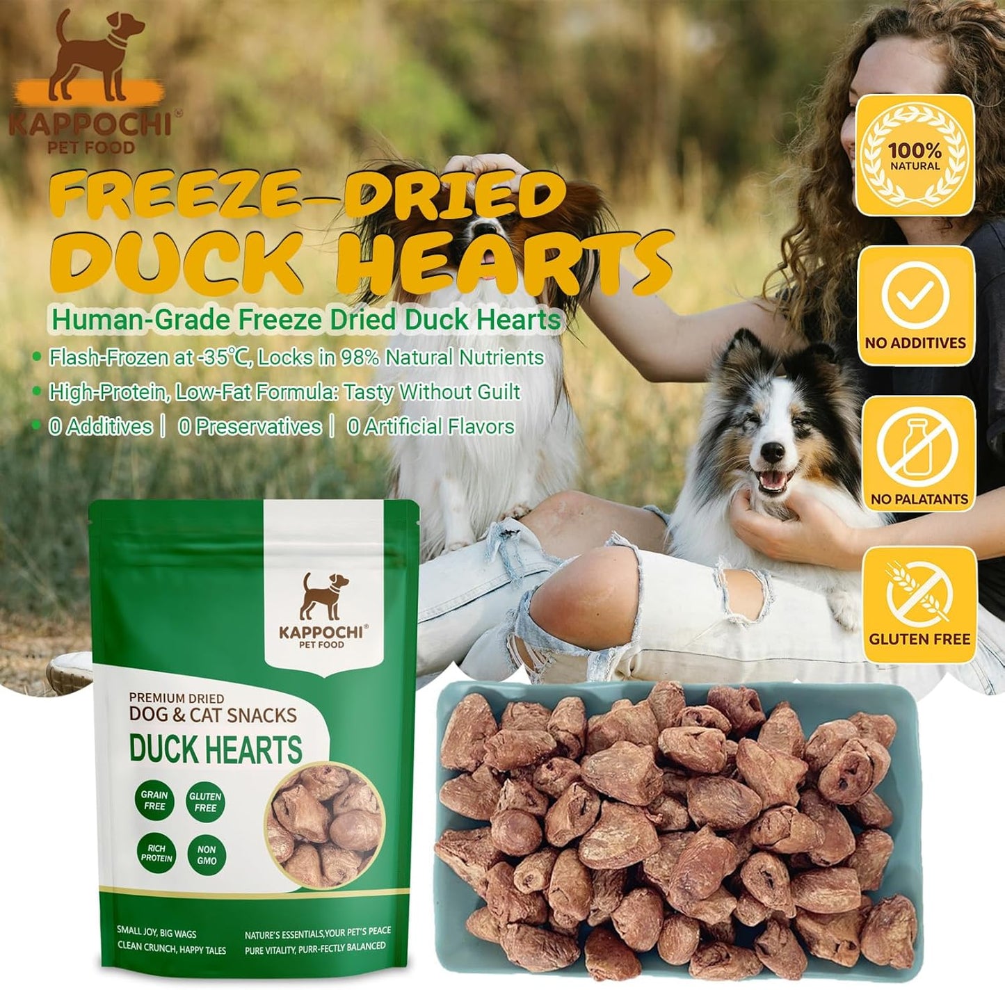 Freeze-Dried Duck Hearts Dog Treats, 3.5oz(100.0g), 100% Single Ingredient, High Protein Training Treats, Natural & Raw, No Additives, Grain Free, Gluten Free