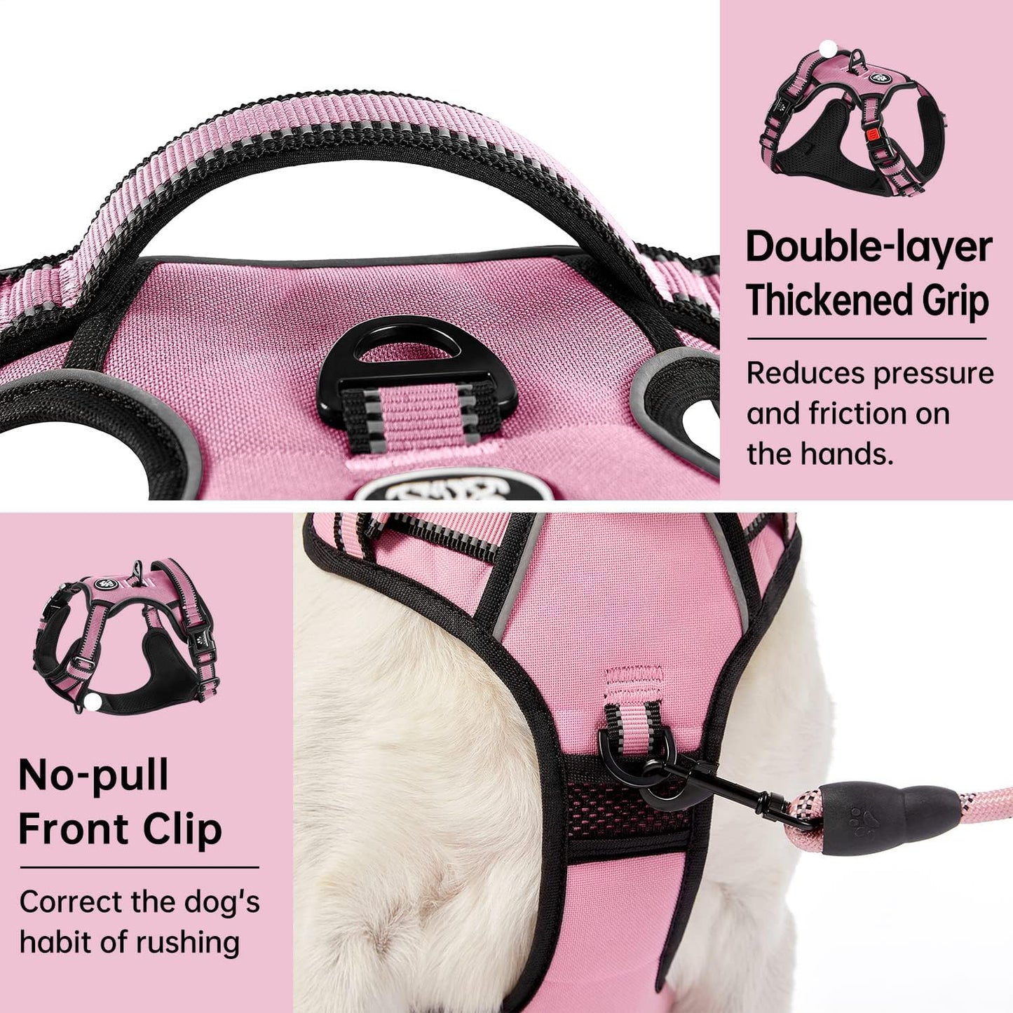 IVY&LANE No Pull Dog Harness for Large Dogs, Dog Vest Harness with Leash, Safety Belt and Storage Strap, Fully Adjustable Harness, 360° Reflective Strip, Soft Handle (Pink, XL)