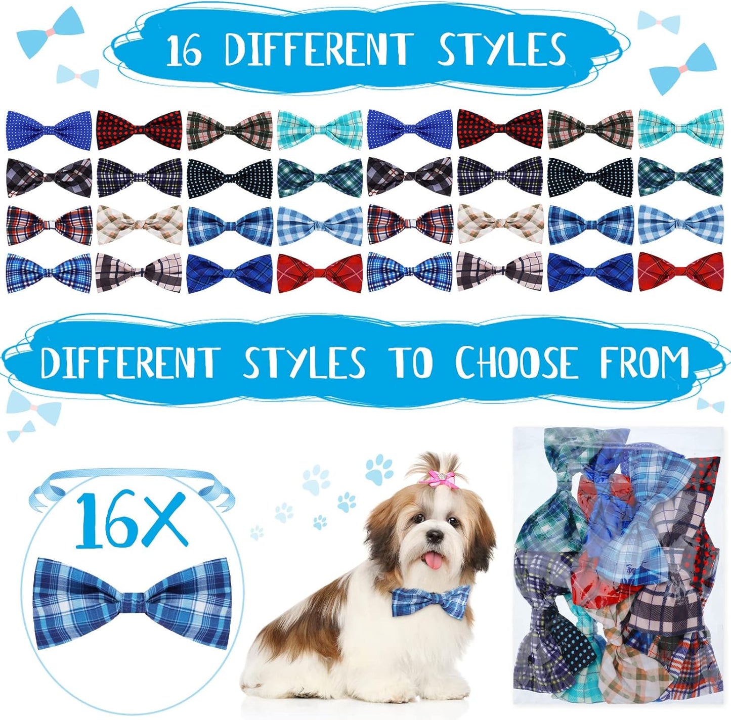 16 Pieces Dog Bow Ties Slide Hawaiian Styles Dog Collar Attachment Bows with Rubber Bands Dog Bow Ties for Large Dogs Spring Summer Grooming Independence Day(Classic Style)