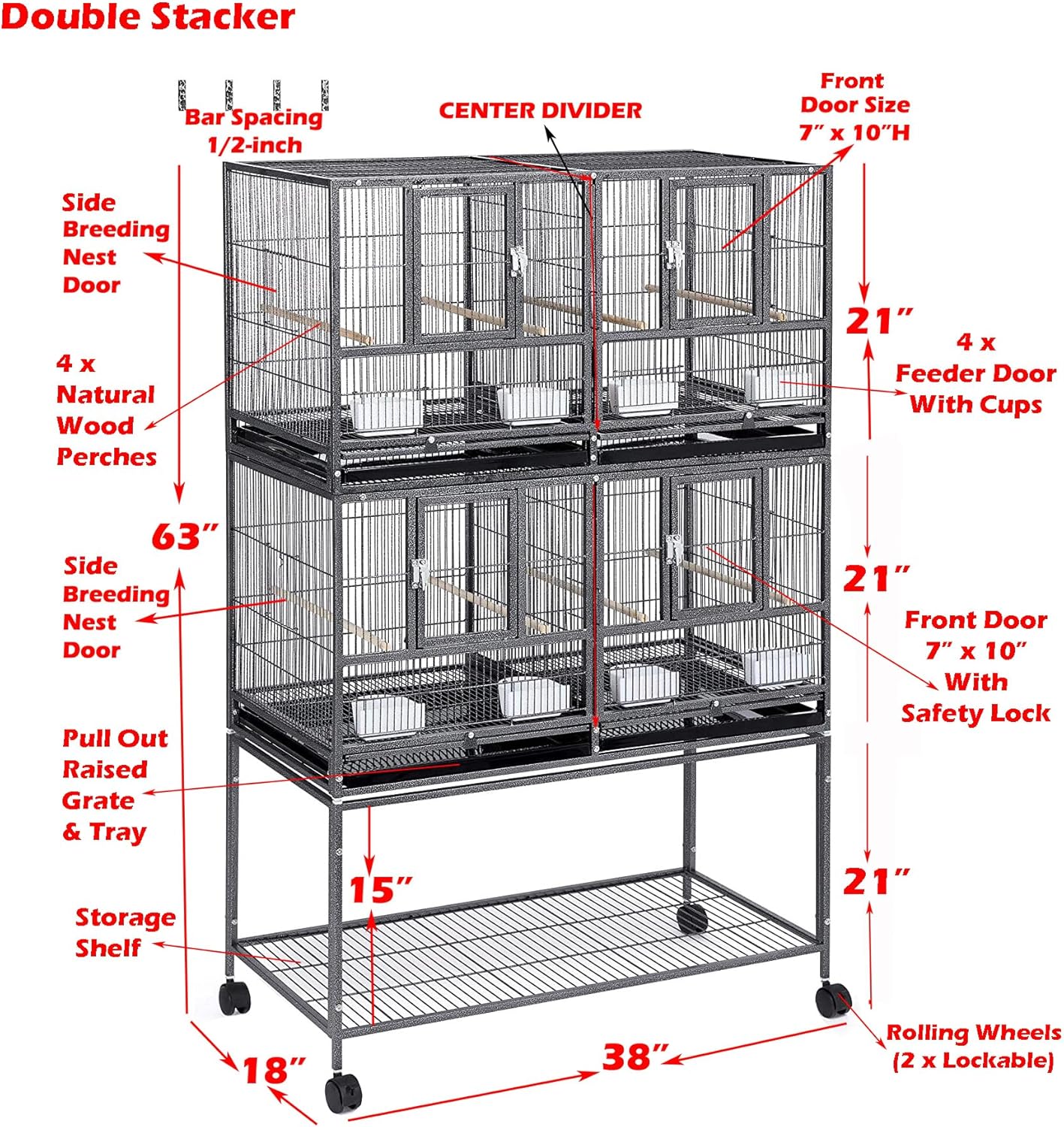 1/2/3-Combo Stacker Center Divided Breeder Breeding Bird Flight Double Rolling Cage Side Nesting Box Doors for Aviaries Canaries Cockatiels Lovebirds Finches Budgies Small Parrots