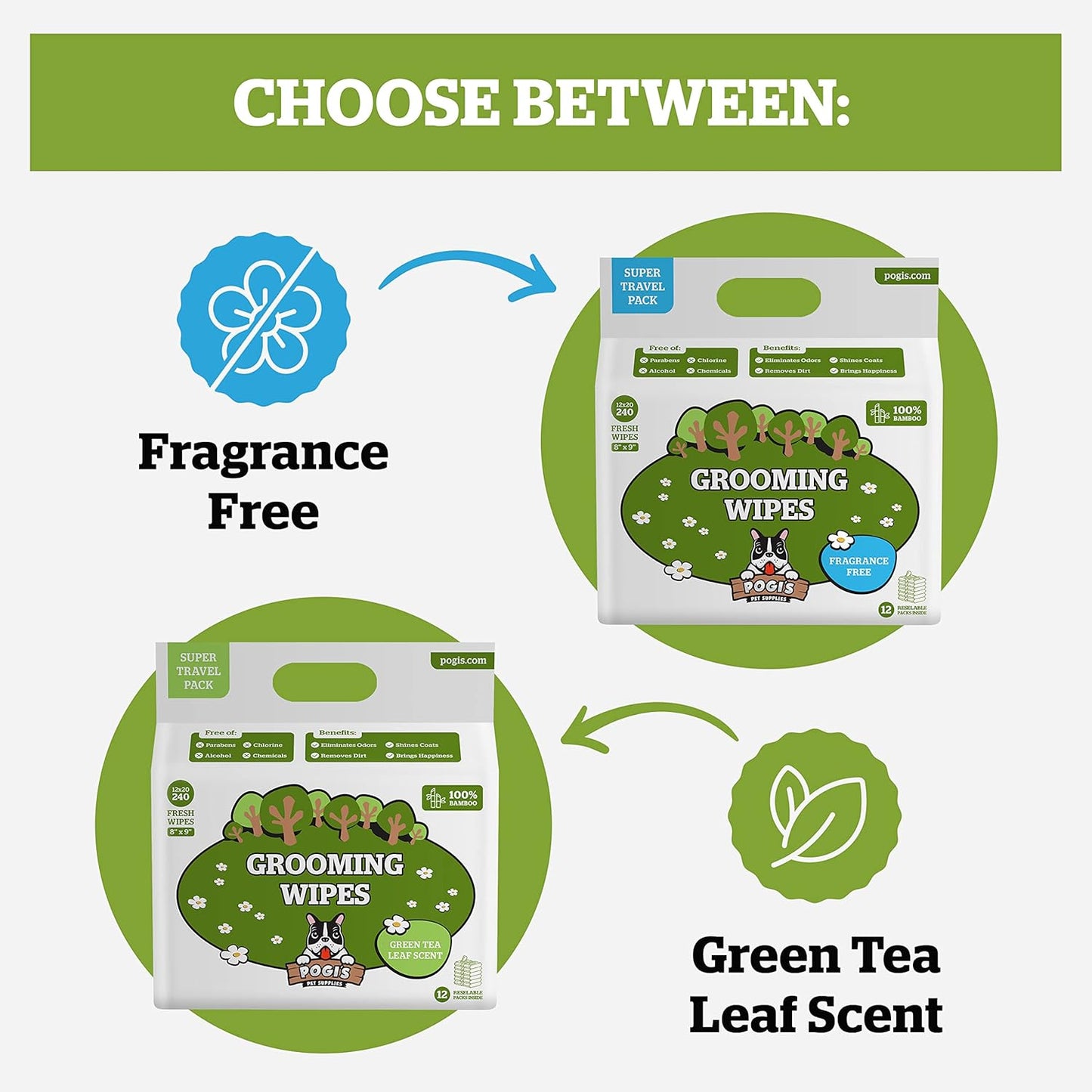 Pogi’s Dog Wipes Travel Packs – Hypoallergenic Pet Wipes for Paws, Body & Butt – Cleaning & Hydrating, Green Tea Scent, 240-Count