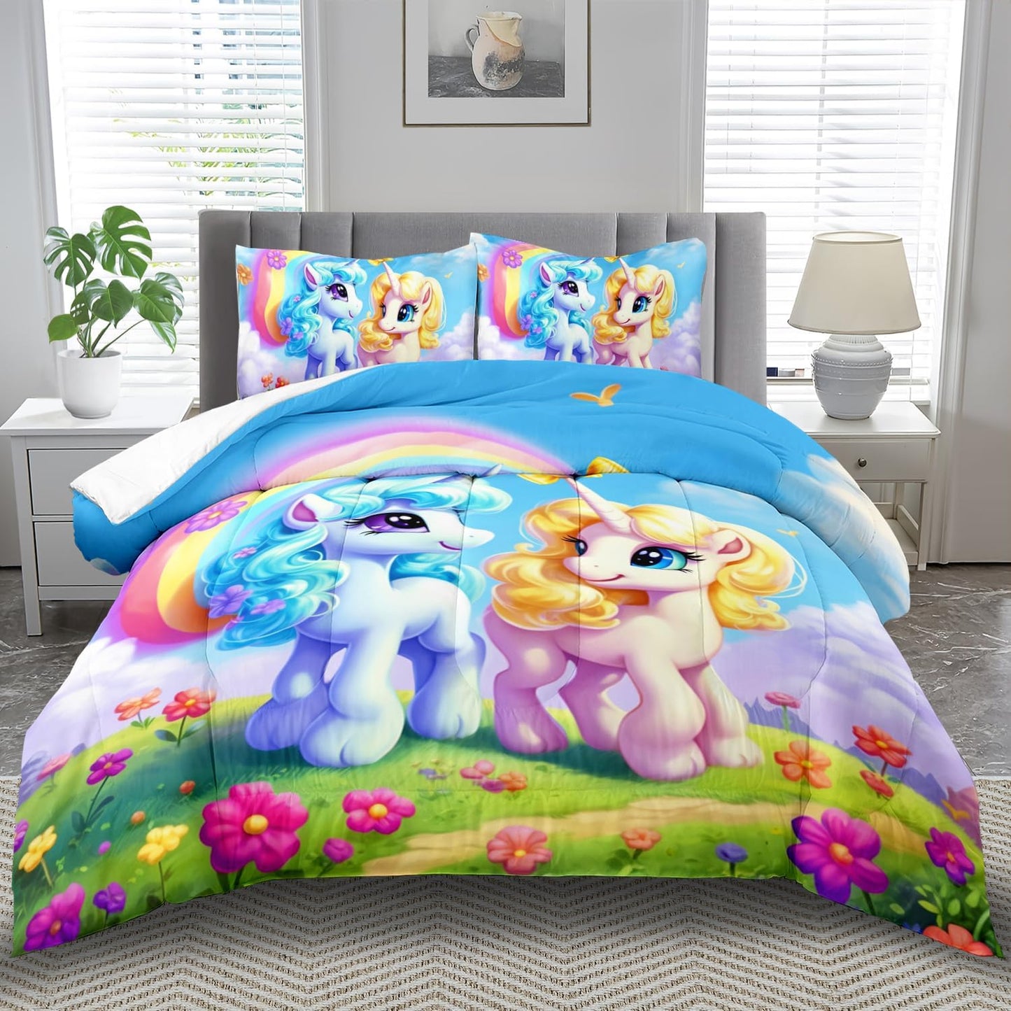 Unicorn Comforter Set Queen,Kawaii Unicorn Bedding Set Queen Kids,Rainbow Comforter Blue Bedroom Decor,Cute Animal Bedding Rainbow Bed Decor for Girls,Cartoon Blue Floral Quilt
