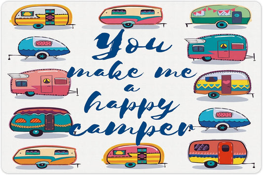 Lunarable Camper Pet Mat for Food and Water, You Make Me Happy Motivational Words Caravans Retro Style Travel Graphic Print, Non-Slip Rubber Mat for Dogs and Cats, 18" X 12", Indigo Yellow