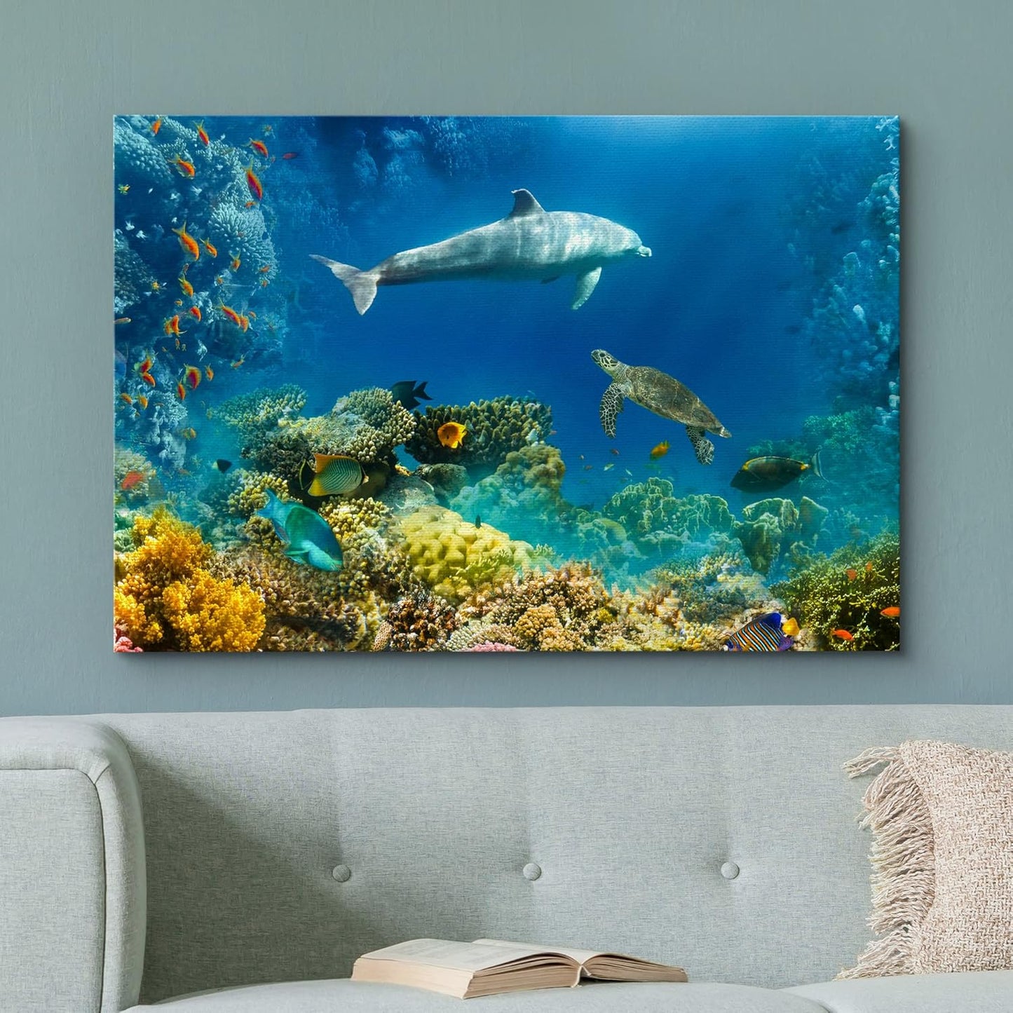 wall26 Canvas Print Wall Art Tropical Ocean Underwater Dolphin Coral Reef Nature Animals Photography Realism Rustic Scenic Landscape Wilderness Colorful for Living Room, Bedroom, Office - 16"x24"