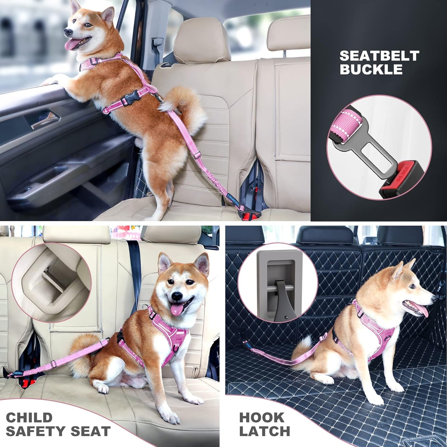 IOKHEIRA Dog Seatbelt - Adjustable Reflective Bungee Harness with Aluminum Swivel Carabiner