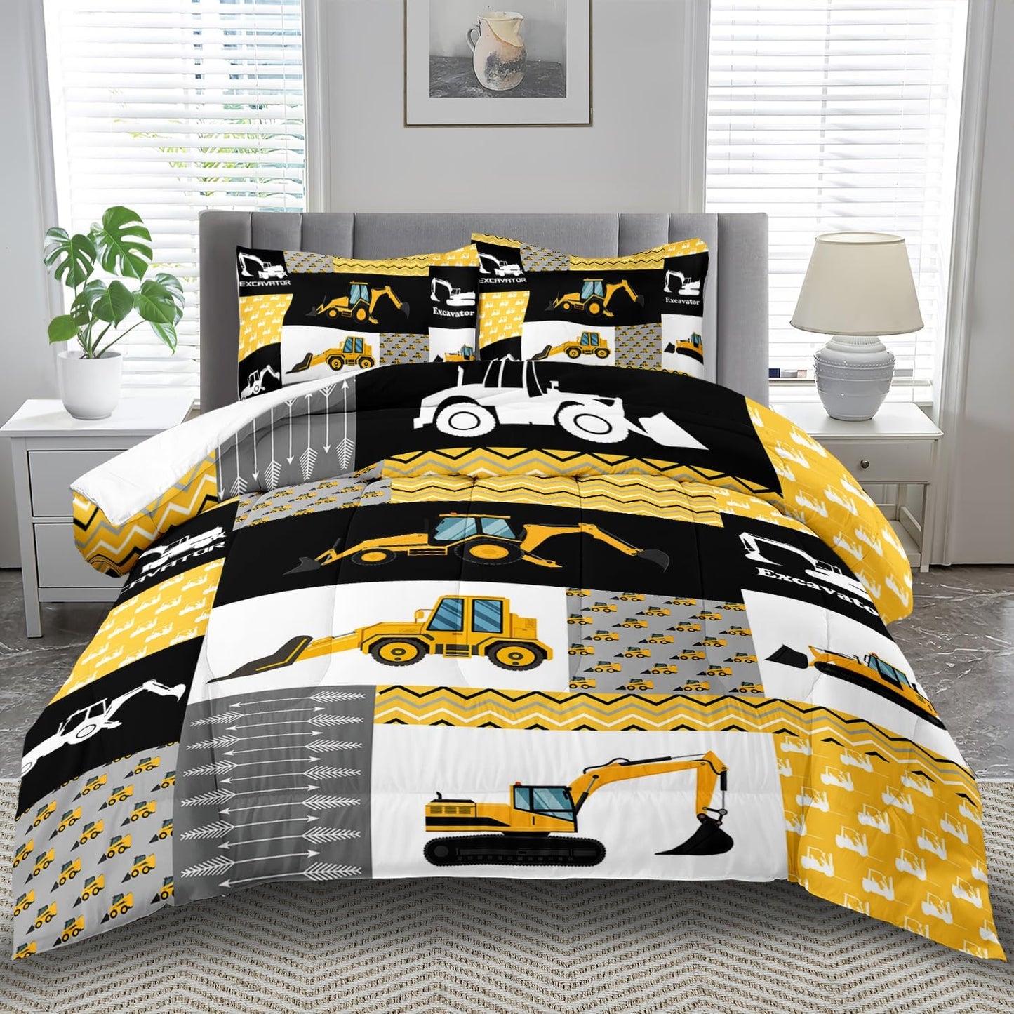 Construction Comforter Set Queen Boys,Yellow Queen Construction Bedding Set,Engineering Vehicles Comforter Yellow Bedroom Decor Kids,Truck Quilt Cartoon Truck Bedding for Teen
