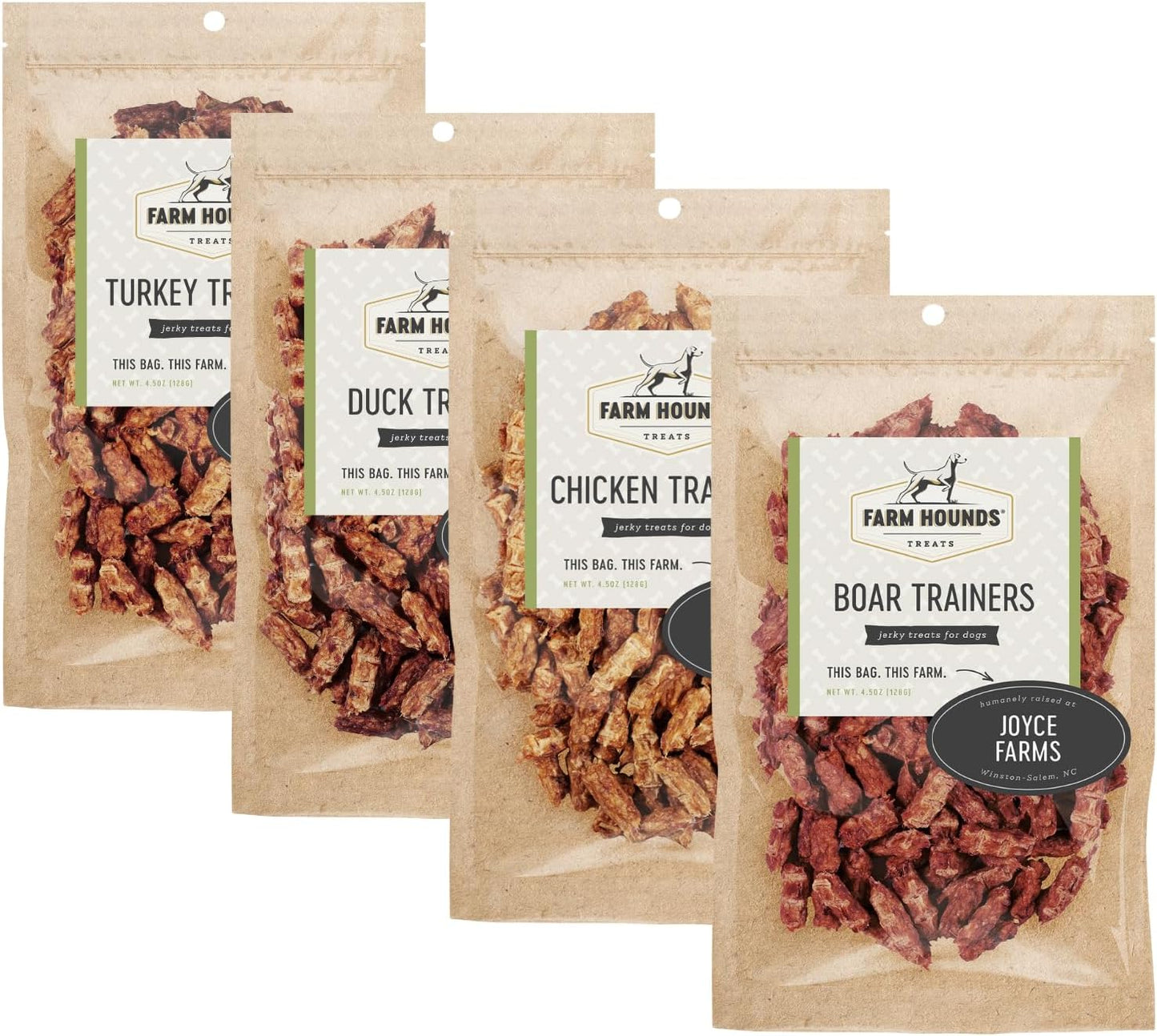 Farm Hounds - Trainers Bundle - Boar, Chicken, Duck & Turkey - Premium Natural Jerky for Dogs - Humanely Raised - Easy-Break - for Training & Treats - No Added Fillers - Made in USA - 4.5 oz - 4 Pack