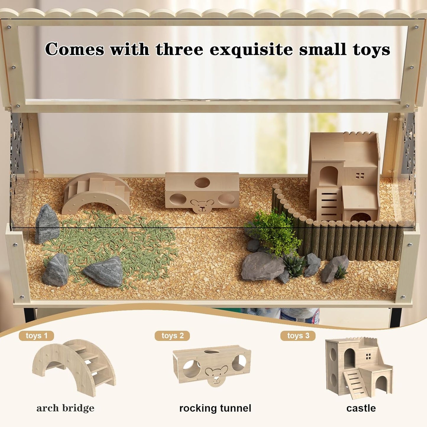 31inch Hamster cage Wooden with Acrylic, Dwarf Hamster cage, Small Animal Habitat with Openable Top, Mouse cage for Guinea Pigs, Chinchillas, Gerbil, Syrian Hamster (31inch with Storage Shelf)