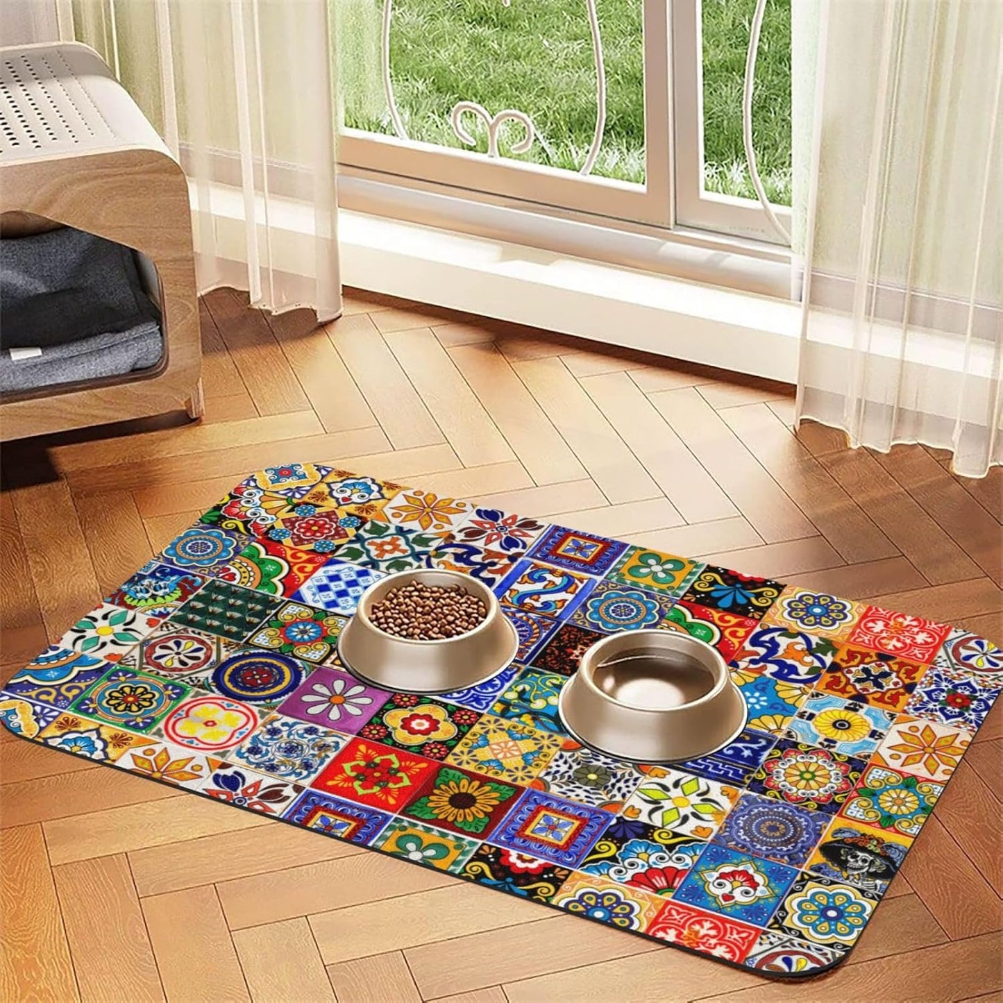 Bohemian Chic Floral Dog Food Mat Absorbent Bowl Mats No Stains Quick Dry Waterproof Pet Cat Placemats for Food and Water, 30x45cm