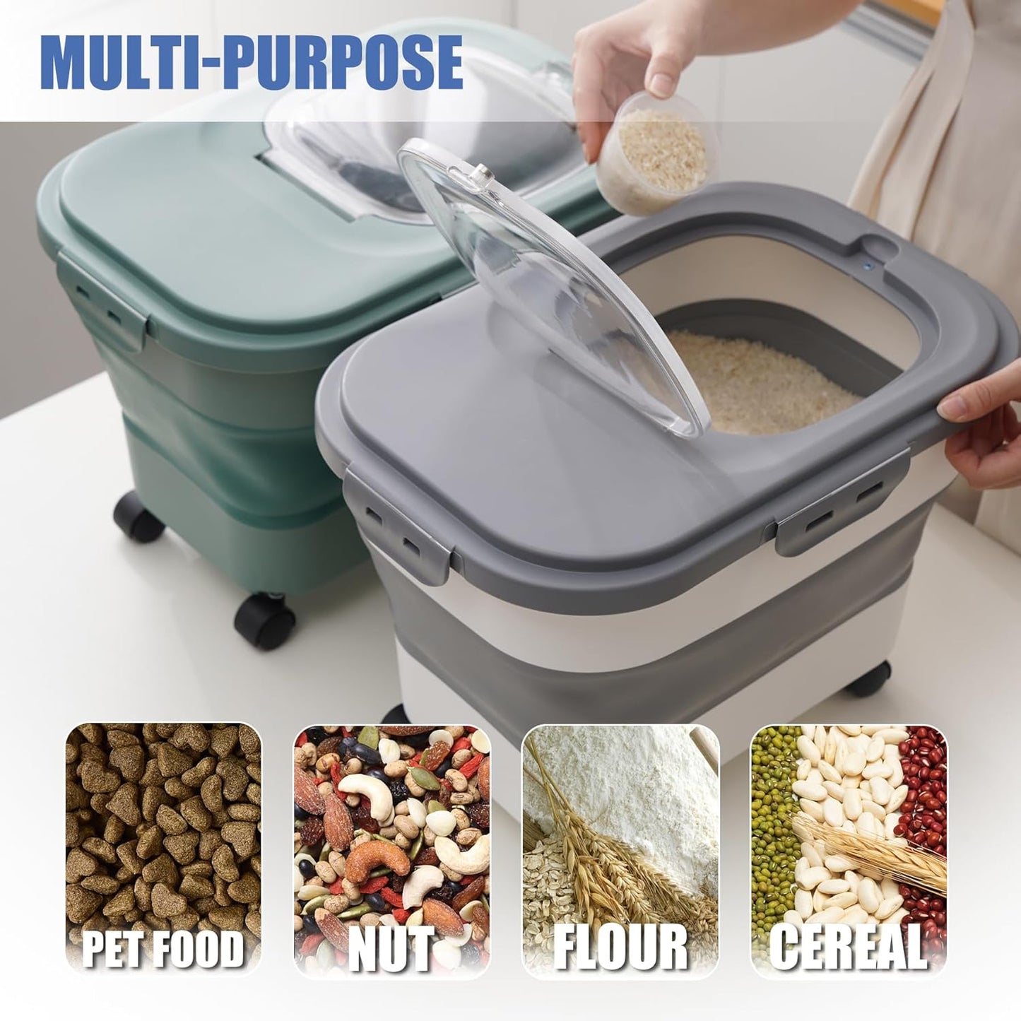 Collapsible Dog Food Storage Container with Lids, Airtight Rice Flour Cereal Sugar Cat Pet Bird Seed Containers Dispenser Bin Bucket with Rolling Wheel, 20 25 30 Lbs Plastic Sealable Kitchen Holder