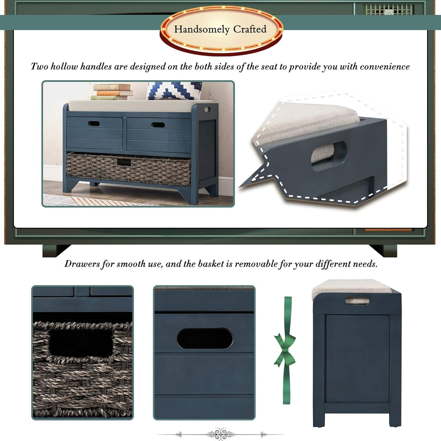 Storage Bench Removable Basket 2 Drawers Fully Assembled Acacia Wood Shoe Bench Standing Shoe Rack Removable Cushion for Living Room, Entrance Hallway, No Assembly Required Navy