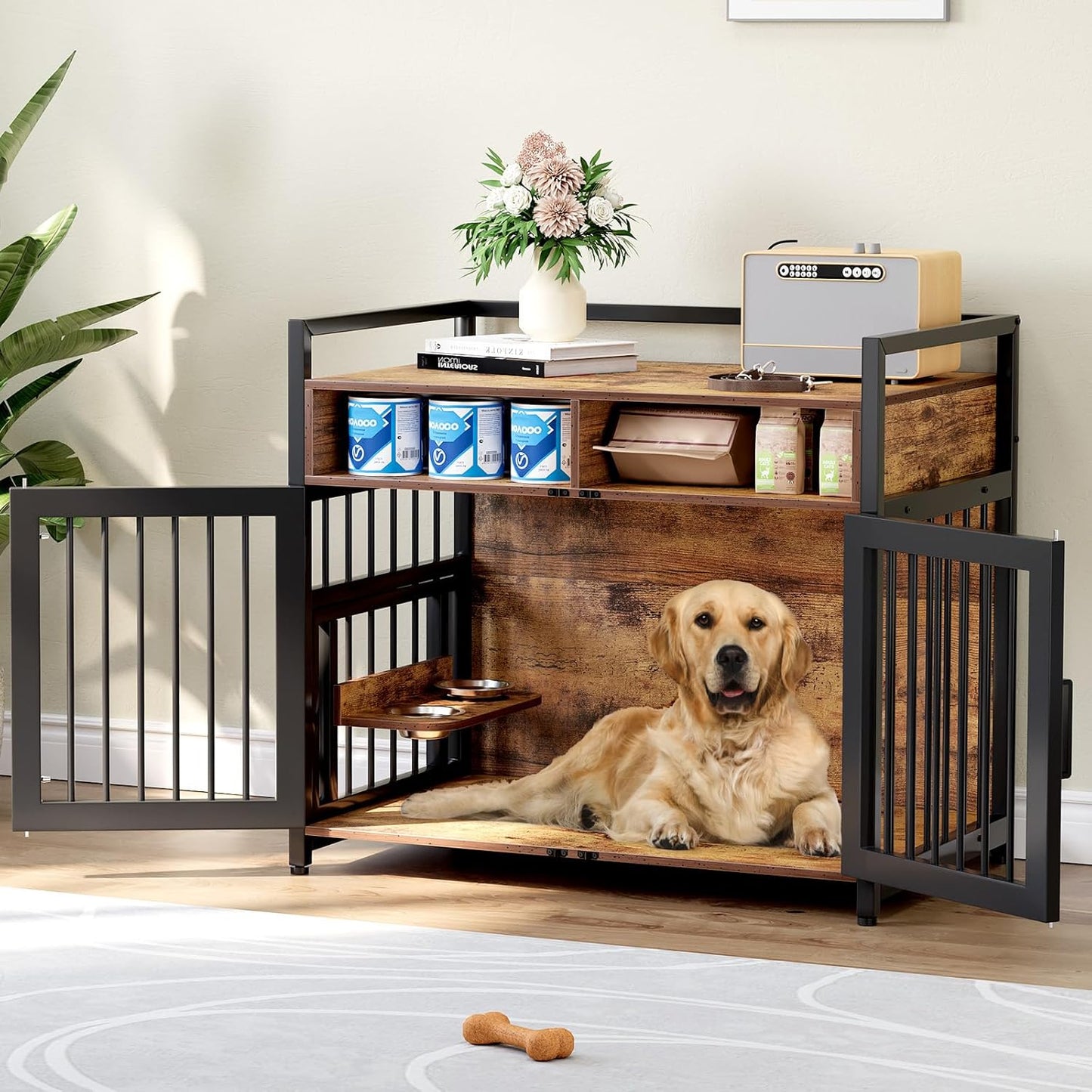 Furniture Style Dog Crate with Storage, 41 Inch Dog Crate Furniture with Double Doors, 2 Stainless Steel Bowls, Dog Crate Furniture-Style Crate for Large/Medium Dog