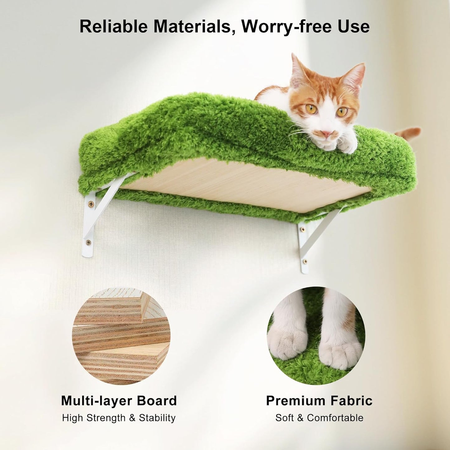 FUKUMARU Cat Wall Shelves, Stable & Safe 4 in 1 Cat Furniture Set, Wooden Climbing Wall with Scratching Post, Bridge and Bed, Stylish Jungle Gym for 16 Inch Drywall - Green