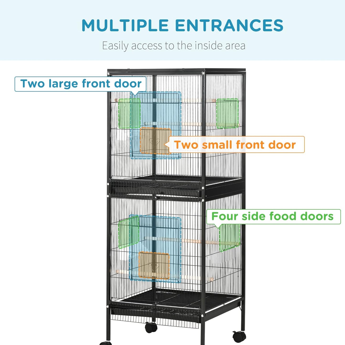 PawHut Large Bird Cage with 1.7 ft. Width for Wingspan, Bird Aviary Indoor with Multi - Door Design, Fit for a Canary, Finch, Conure, 55", Black