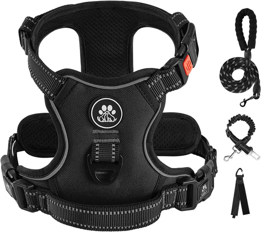 IVY&LANE No Pull Dog Harness for Large Dogs, Dog Vest Harness with Leash, Safety Belt and Storage Strap, Fully Adjustable Harness, 360° Reflective Strip, Soft Handle (Black, XL)
