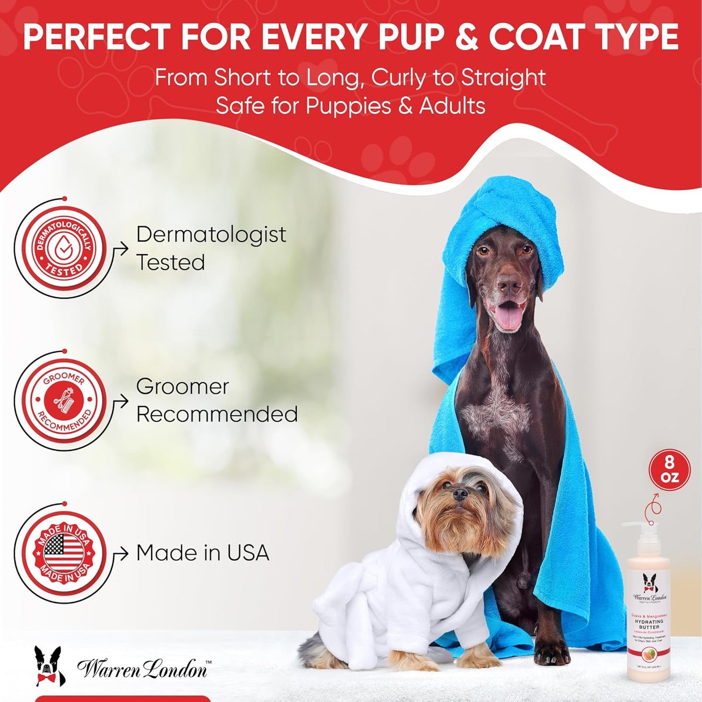 Warren London Hydrating Butter Leave in Pet Conditioner for Dogs | Lotion for Skin and Coat | Aloe Puppy & Dog Conditioner for Hair Detangler, Dry Skin, & Pet Fur Dandruff | Made in USA | Guava 8oz