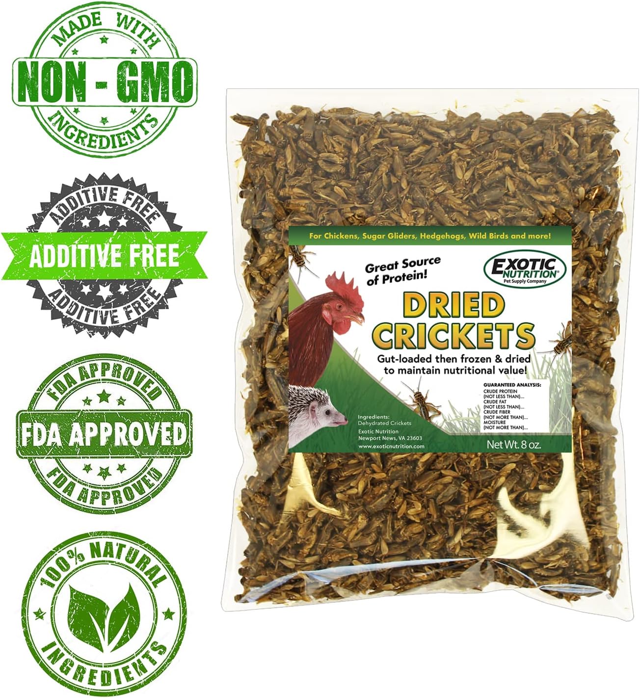 1.5 Pound Dried Crickets - High Protein Insect Treat - Chickens, Wild Birds, Hedgehogs, Bluebirds, Reptiles, Sugar Gliders, Opossums, Skunks, Lizards, Bearded Dragons, Fish, Turtles 8 oz. (3 Pack)