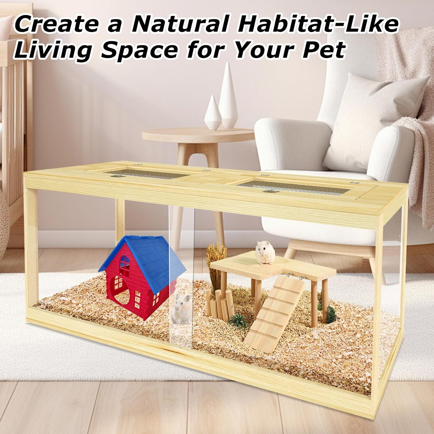 Large Hamster Cage 48", Front Opening Lockable Sliding Door Gerbil Cage, Dwarf Hamster Cage with Metal Mesh Roof, Chewproof Syrian Hamster Habitat Enclosure, (Wooden, 48" L x 20" W x 20" H)