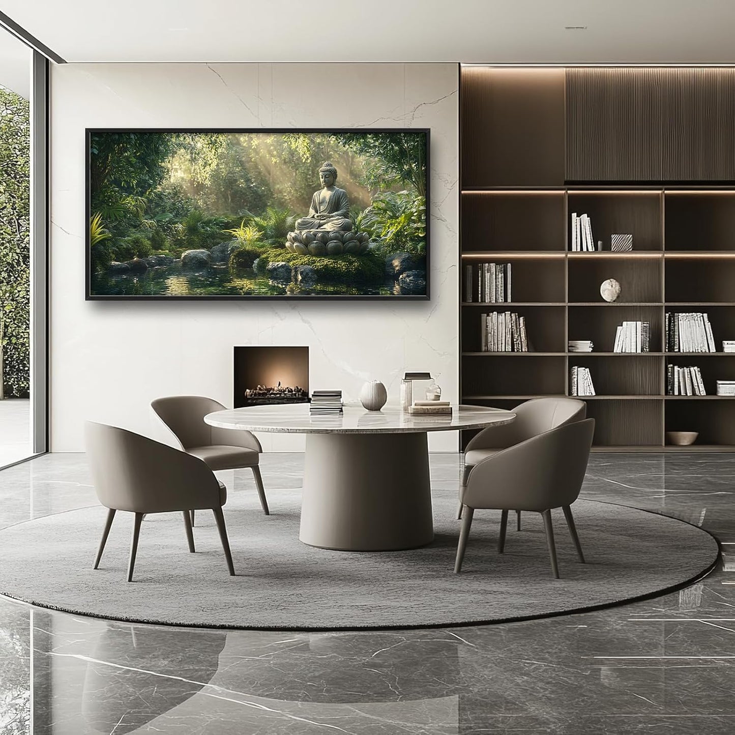 Large Buddha Forest Wall Art for Living Room, Framed Oversized Tree Lake Wall Decor, Nature Landscape Canvas Painting Modern Artwork Home Decoration for Dining Room Bedroom Office 60"x30"