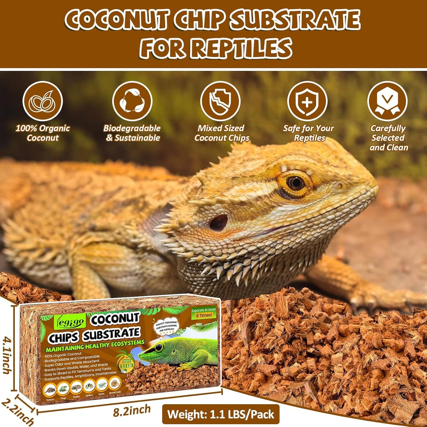 Legigo 2 Pack Coconut Chip Substrate for Reptiles, Natural Coco Husk Chip Reptiles Bedding, Compressed Coconut Chip Substrate for Snake, Tortoise, Ball Python, Gecko, Lizard Terrarium Tanks