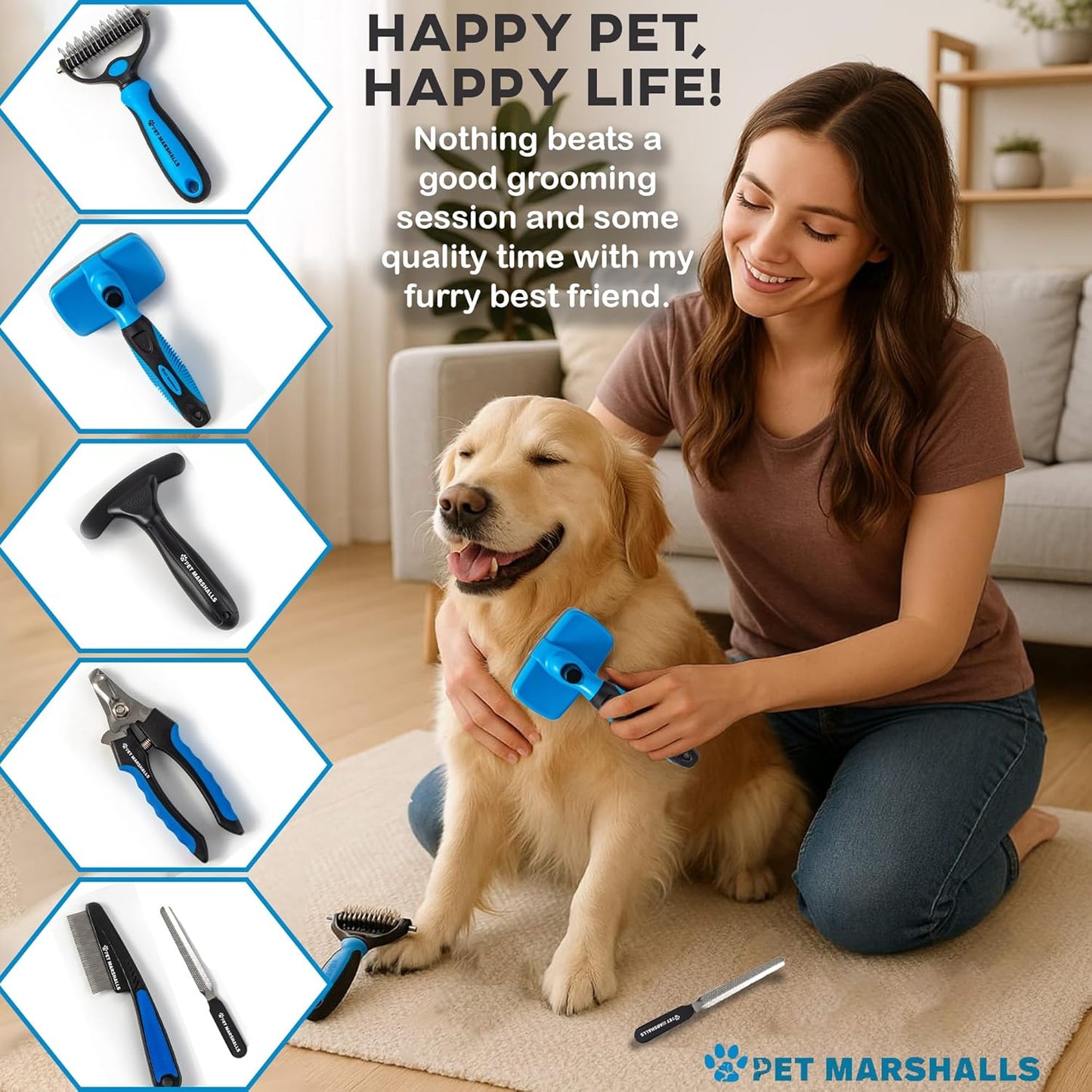 Pet Grooming Brushes Kit - 6-in-1 Complete Grooming Accessories for Deshedding, Detangling, and Dematting including Nail Clipper and File