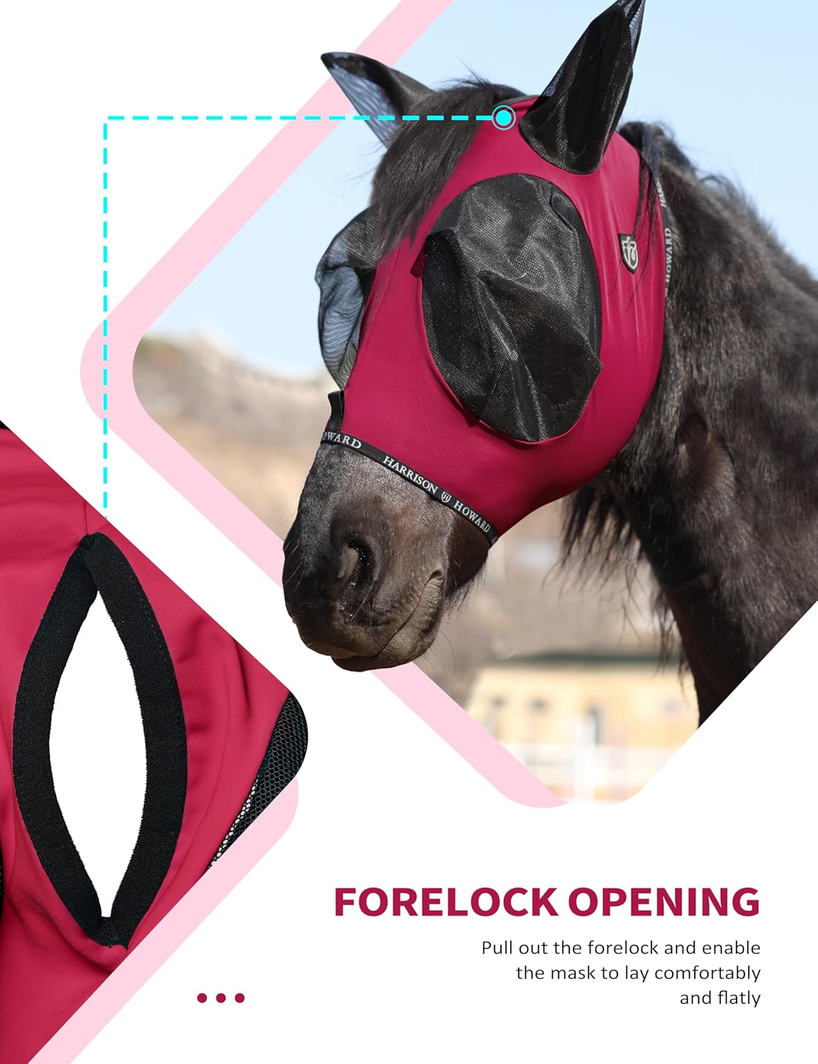 Harrison Howard Horse Fly Mask with Forelock Opening Stretch Breathable and Comfortable for Horses UV -Protection Burgundy L