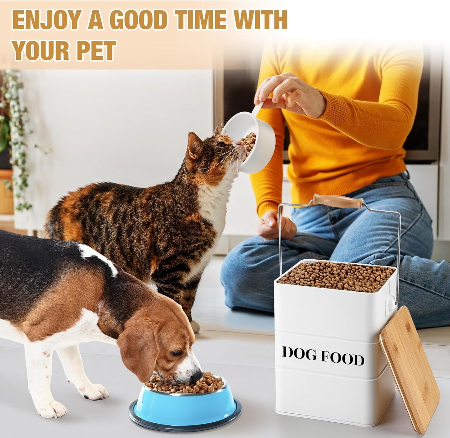 Tioncy 2 Pcs Metal Dog and Cat Food Storage Containers Big Pet Food Containers with Bamboo Lids and Spoon Airtight 5-7 Lbs Dog Cat Treat Snack Jars with DIY Labels for Kitchen Counter(White)