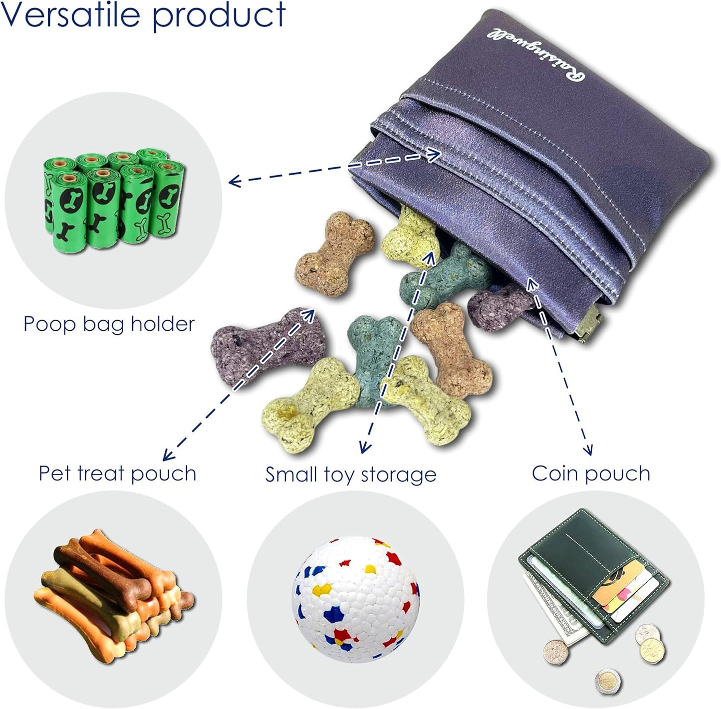 Dog Treat Pouch, Pocket Sized Pet Training Pouch, Hand Free Purple Dog Walking Bag with Carabiner, Self-Closing Pet Feed Snack Reward, for Puppy Travel or Outdoor Use, NanoPTC
