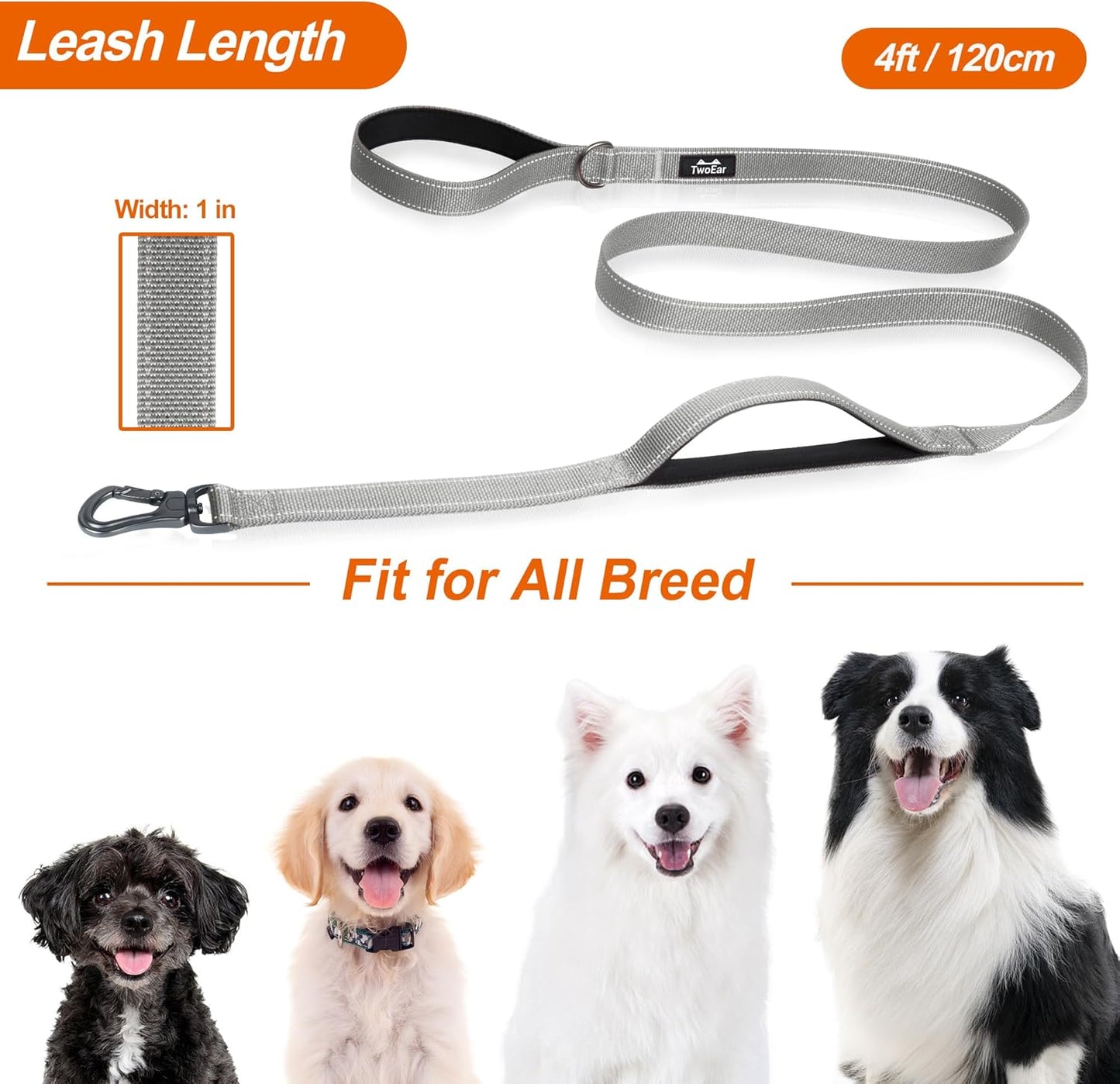 TwoEar 5FT 1IN Strong Gray Dog Leash with 2 Padded Handles, Traffic Handle Extra Control, Comfortable Soft Dual Handle, Auto Lock Hook, Reflective Walking Lead for Small Medium and Large Dogs