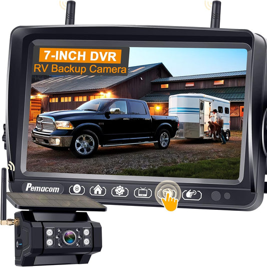RV Backup Camera with Solar Magnetic: Long Distance No Signal Delay, 7 Inch Touch Key Monitor with Recording, HD 1080P Wireless Backup Camera for Trailer, 5th Wheel, Camper