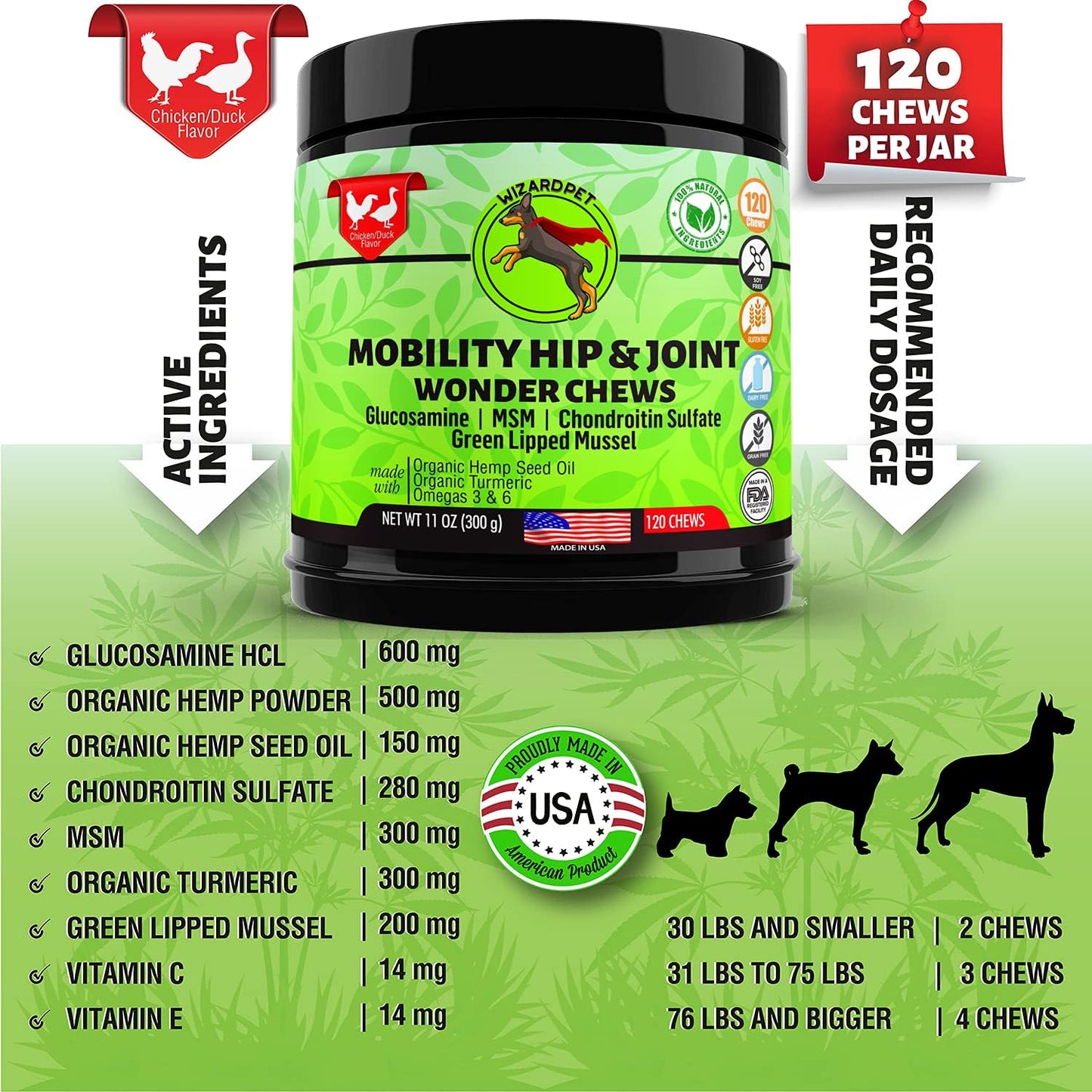 Advanced Hemp Hip and Joint Supplement for Dogs Hemp Oil Glucosamine Chondroitin for Dog Omegas Turmeric MSM Green Lipped Mussel Made in USA Treats Support Mobility 120 Chews