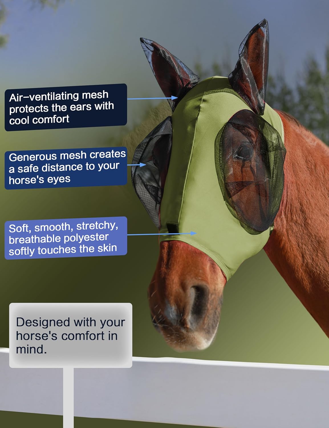 Horse Fly Mask with Ears, UV Protection for Horses, Elasticity with Big Mesh Eye Covers, Snug Fitting Comfortable Breathable Lightweight for Horses Olive Green Cob
