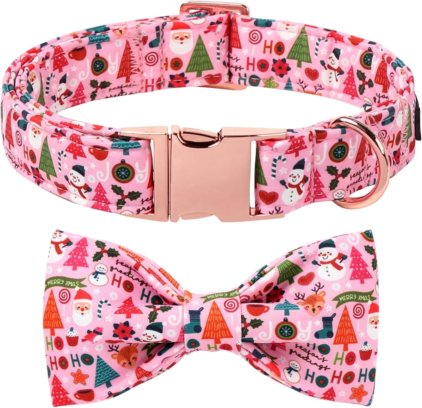 Lionet Paws Christmas Dog Collar with Bow tie,Cute Ho Christmas Tree Snowman Pink Dog Collar Bow Tie for Dogs and Cats Female, XS, Neck 8-12 inches