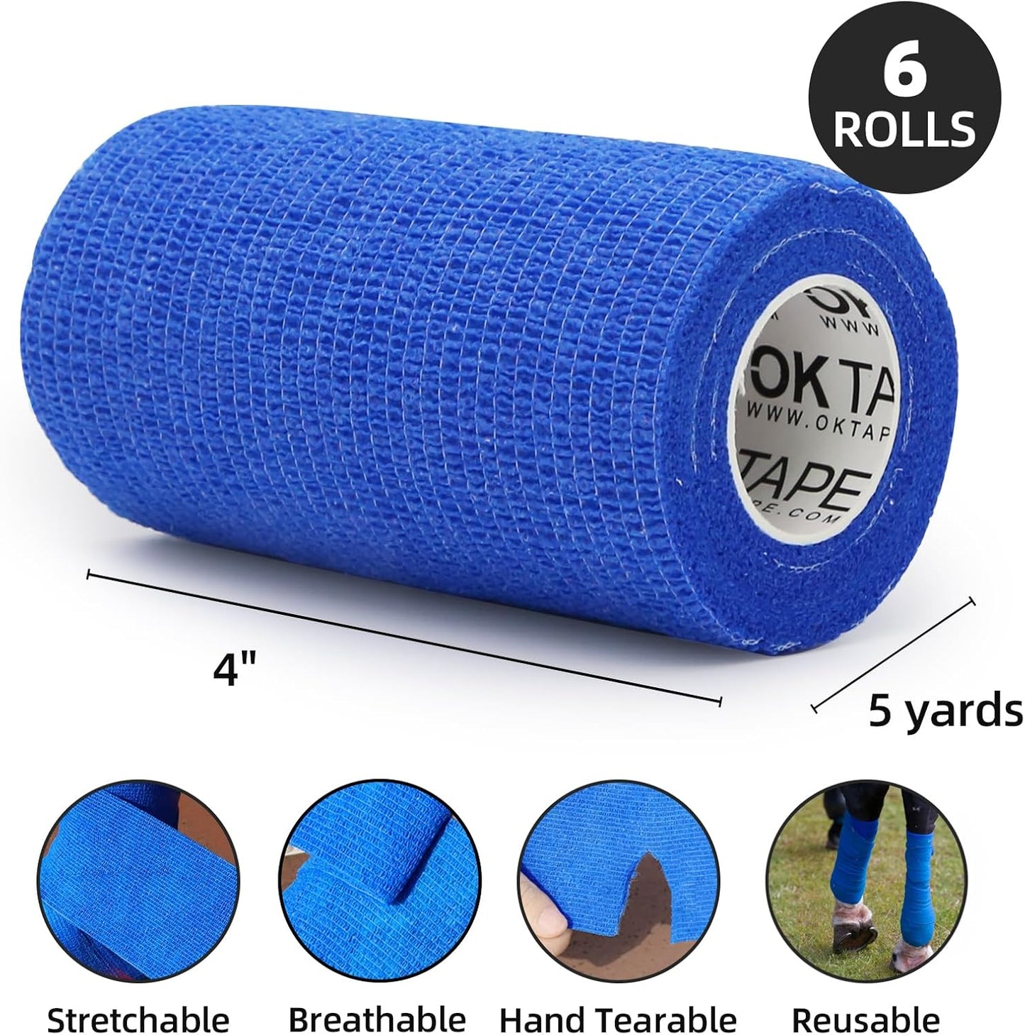 OK TAPE Self Adherent Cohesive Bandages Wrap - 6Packs, 4" x 5 Yards, Non-Woven Self Adhesive Bandage Wrap for Thumb, Finger, Wrist, Ankle, Vet Wrap Bandages Tape (Mixed Colors)