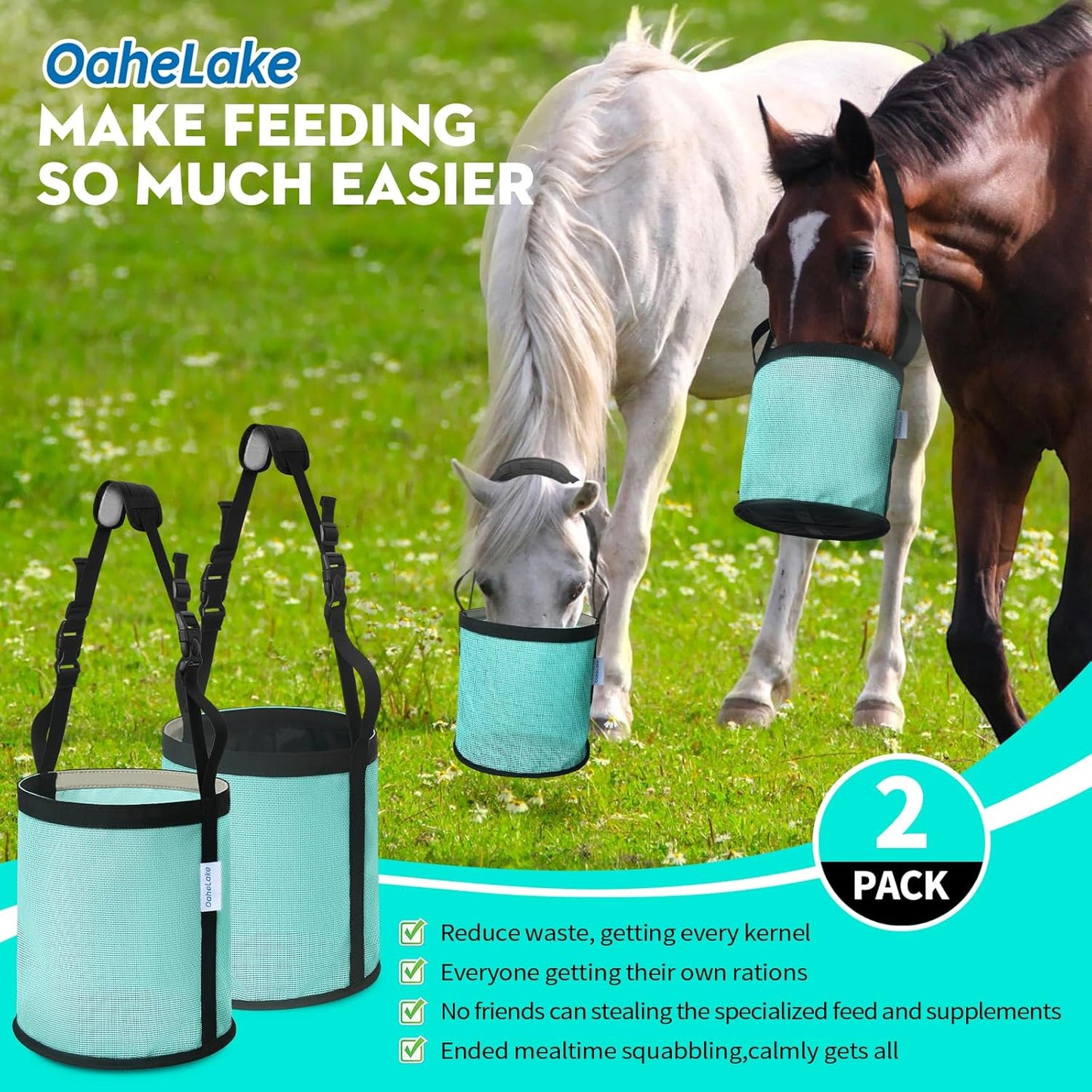Horse Feed Bag 2 Pcs, Mesh Feed Bags for Horses, Muzzle Feedbag for Feeding Grain, Anti-Spill Design Feeder, Soft Neck Pad Nose Pad, Universal Fit (Mint, Pack of 2)