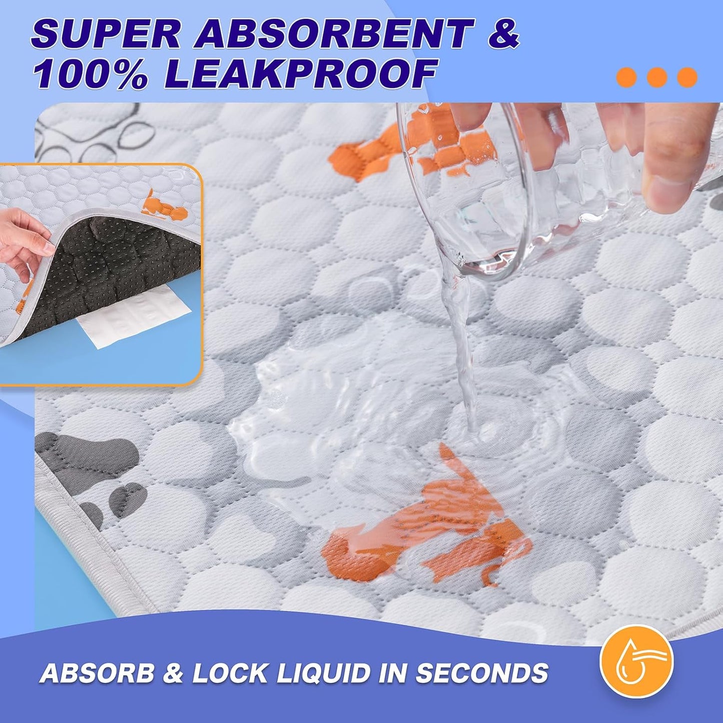 Washable Pee Pads for Dogs, 2 Pack Absorbent Reusable Training Dog Pads Pet Puppy Pads, Non-Slip Potty Pads for Whelping, Playpen, Crate, Bed, Orange, 32"x52"