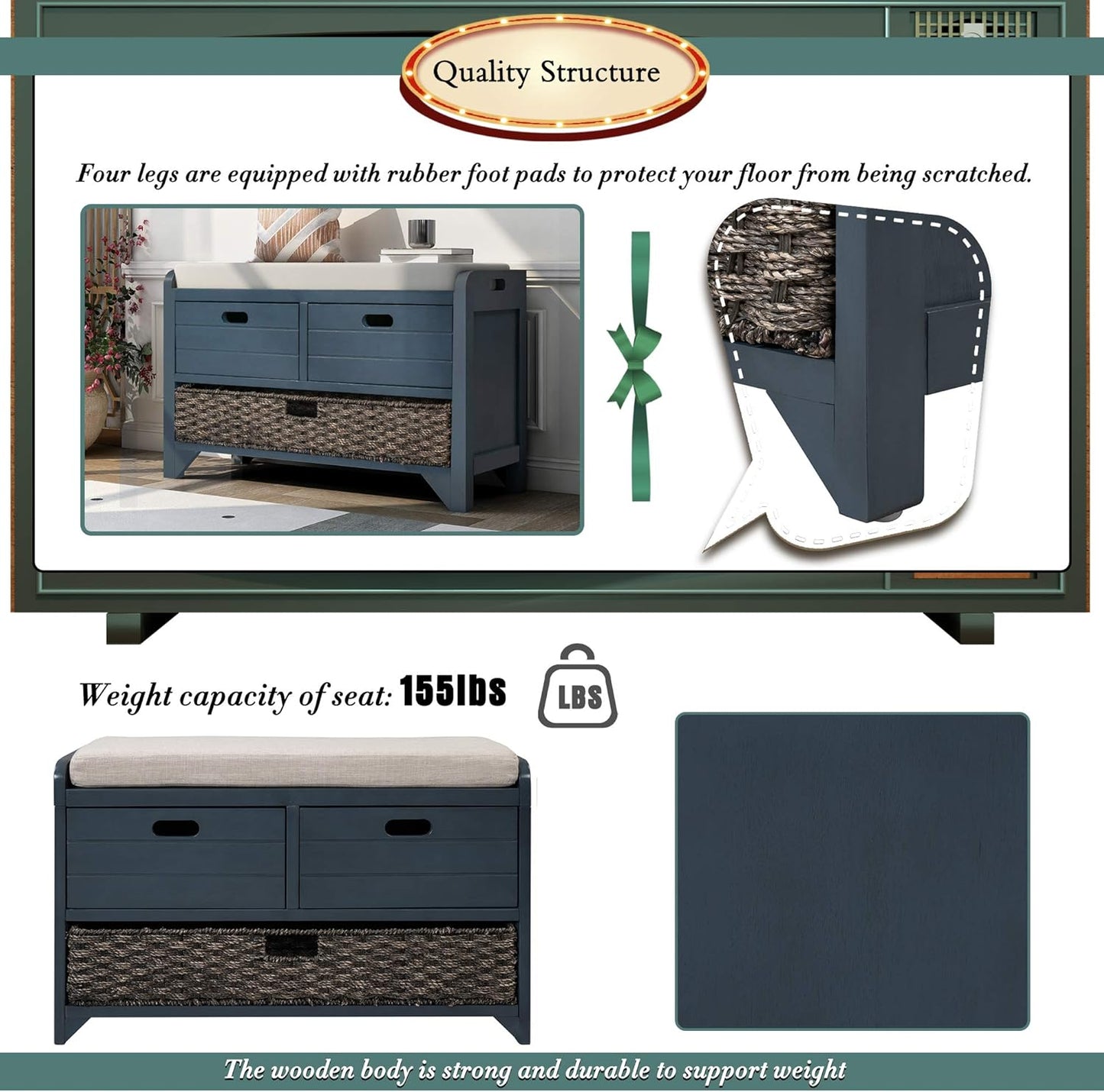 Storage Bench Removable Basket 2 Drawers Fully Assembled Acacia Wood Shoe Bench Standing Shoe Rack Removable Cushion for Living Room, Entrance Hallway, No Assembly Required Navy