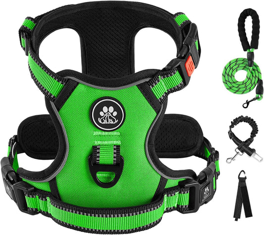 IVY&LANE No Pull Dog Harness for Medium Dogs, Dog Vest Harness with Leash, Safety Belt and Storage Strap, Fully Adjustable Harness, 360° Reflective Strip, Soft Handle (Green,M)