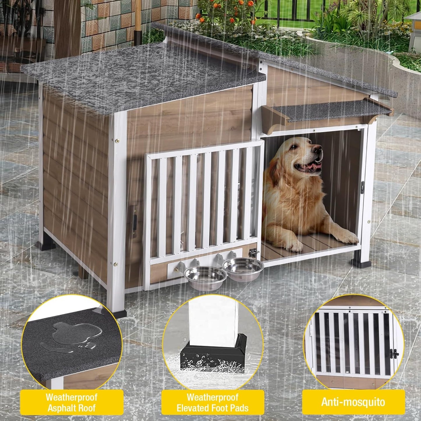 Chew-Resistant Dog House with Metal Frame, Wooden Kennel for Indoor & Outdoor Use, Waterproof Roof & Feeding Bowls Included (Brown, L)
