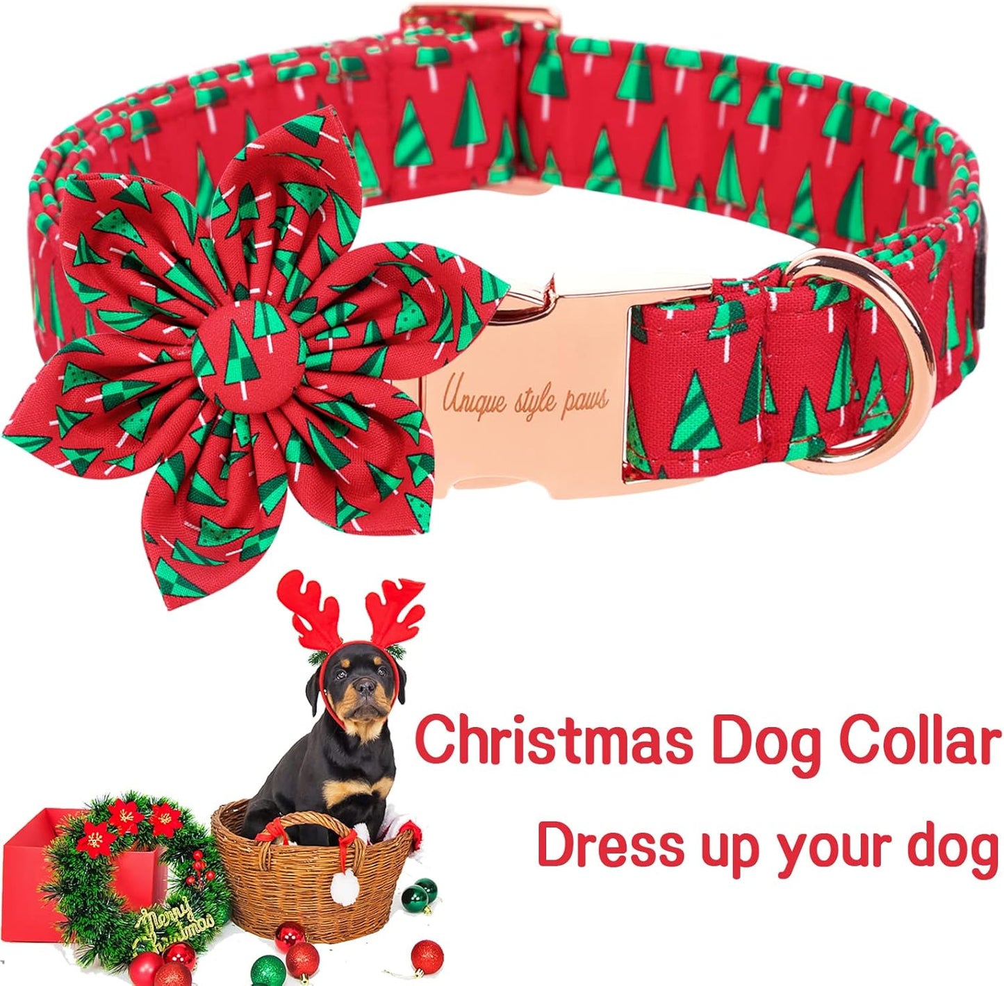 Unique style paws Christmas Dog Collar with Flower Best Winter for Small Medium Large Dogs -Christmas Tree-XL