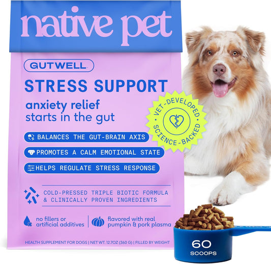 GutWell Stress Support - Dog Anxiety Relief & Calming Treats - Tasty Food Topper for Dog Stress and Anxiety Relief - Support Gut-Brain Axis with Triple-biotic Blend & Magnesium - 60 Scoops