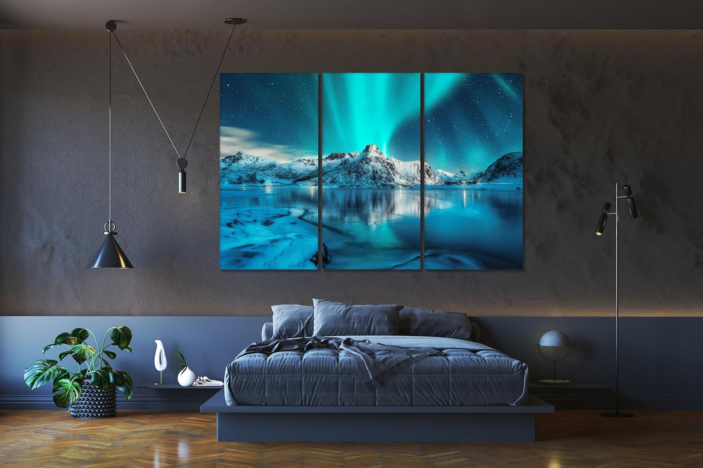 Nature Wall Art Prints - Ocean Forest Mountain Lake Canvas Landscapes - Small to Extra Large Living Room Bedroom Kitchen Bathroom Décor (Northern Lights Over Lake, 31L" x 47W" - 3 Panels)