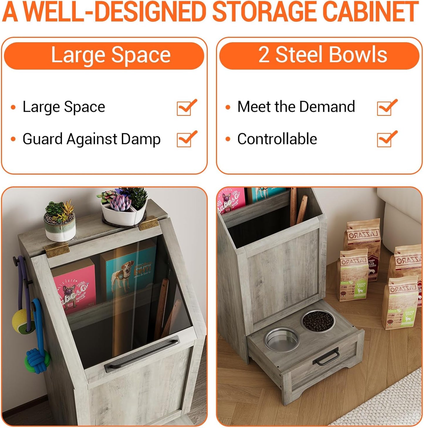 Dog Feeding Station with Storage Cabinet, 2 Elevated Bowls, FILP Top Food Storage Cabinet Container, Pet Feeding with 3 Hooks, Farmhouse Dog Feeder Station, Grey