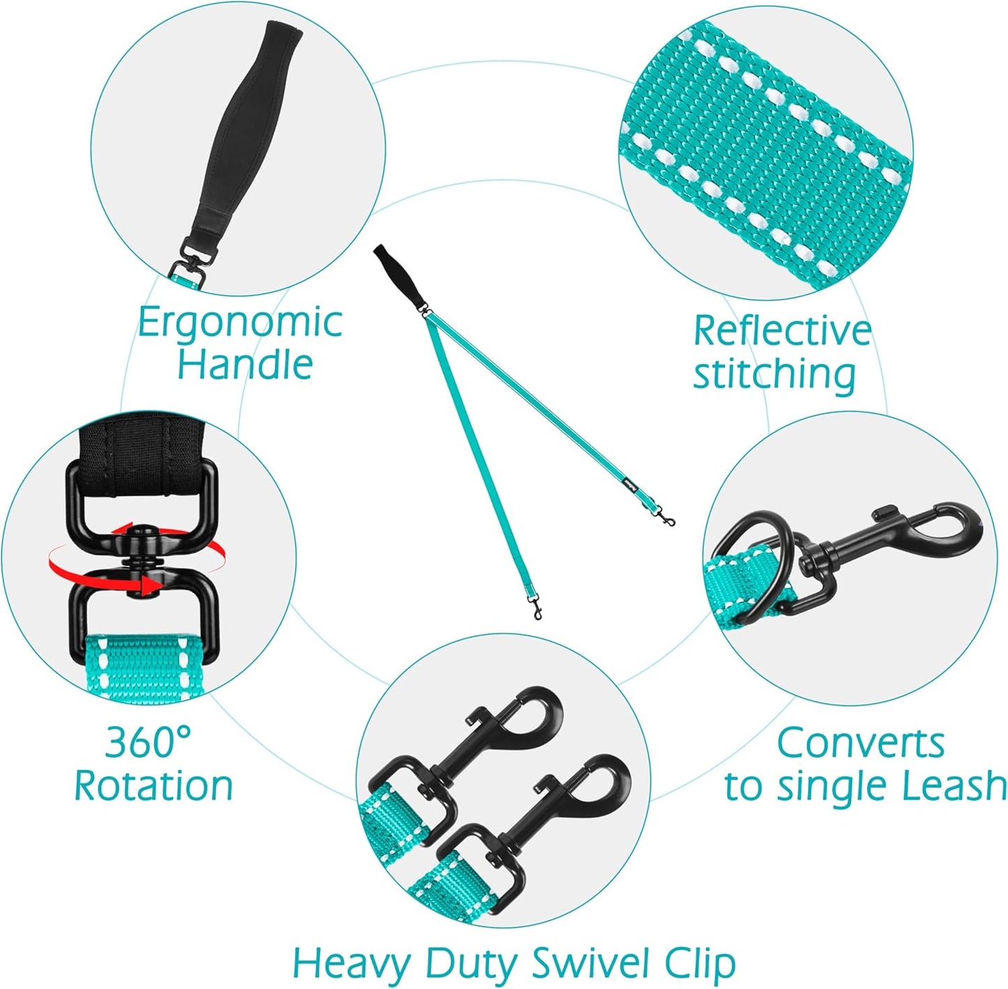 PetBonus Two Point Control Dog Leash, Works with No Pull Harnesses, No Tangle Dog Training Leashes, No Pull Padded and Reflective Walking Lead,Converts to Single Leash for Medium Large Dogs(Turquoise)