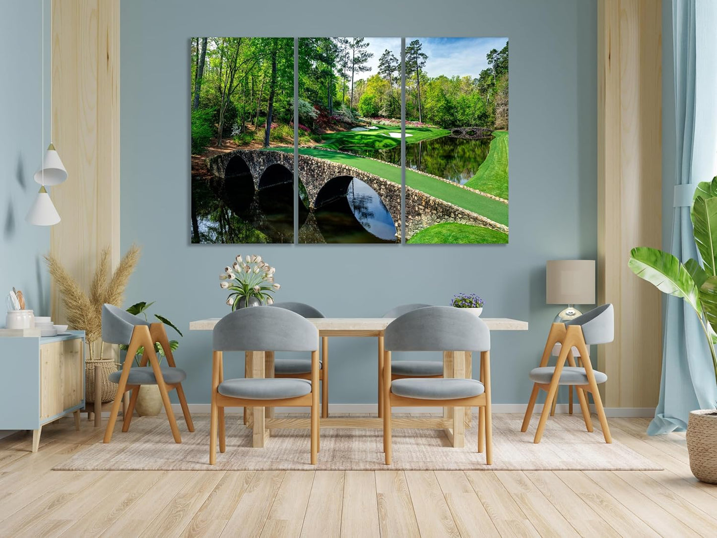 Nature Wall Art Prints - Ocean Forest Mountain Lake Canvas Landscapes - Small to Extra Large Living Room Bedroom Kitchen Bathroom Décor (Golf Course with Stone Bridge, 55L" x 83W"- 3 Panels)