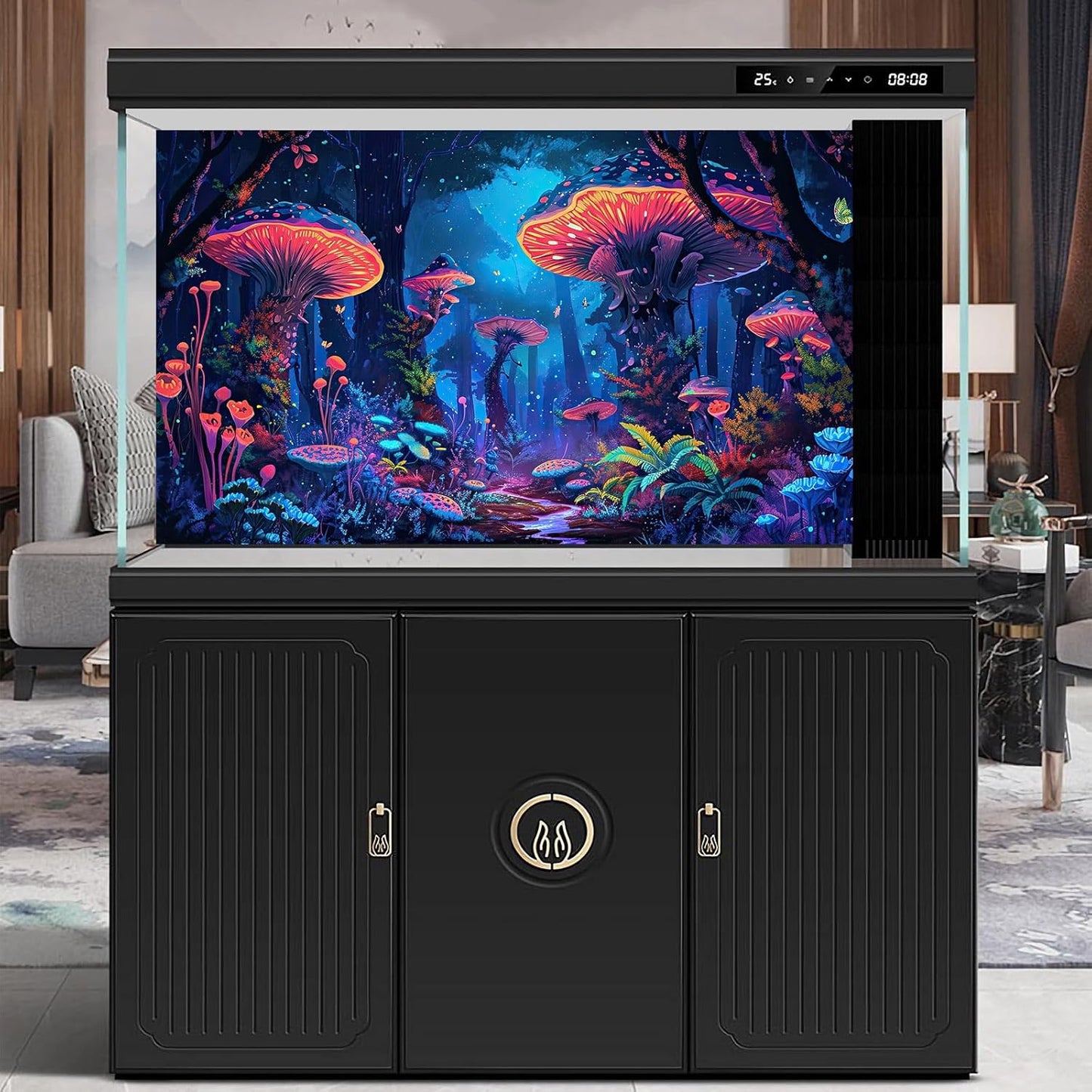 Mushrooms Aquarium Background Fantasy Bright Flowers Butterflies Fish Tank Backdrop Decoration Poster Trippy Wonderland Landscape with Giant Mystical Mushrooms Terrarium Background Decor 48x24in