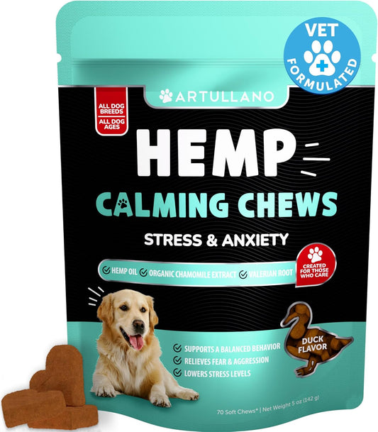 Hemp Calming Chews for Dogs - Dog Calming Chews - Dog Anxiety Relief Treats with Hemp Oil, Turmeric, Valerian, Ginger - Health and Wellness Supplements for Dogs - Hip and Joint Support - 70 Treats