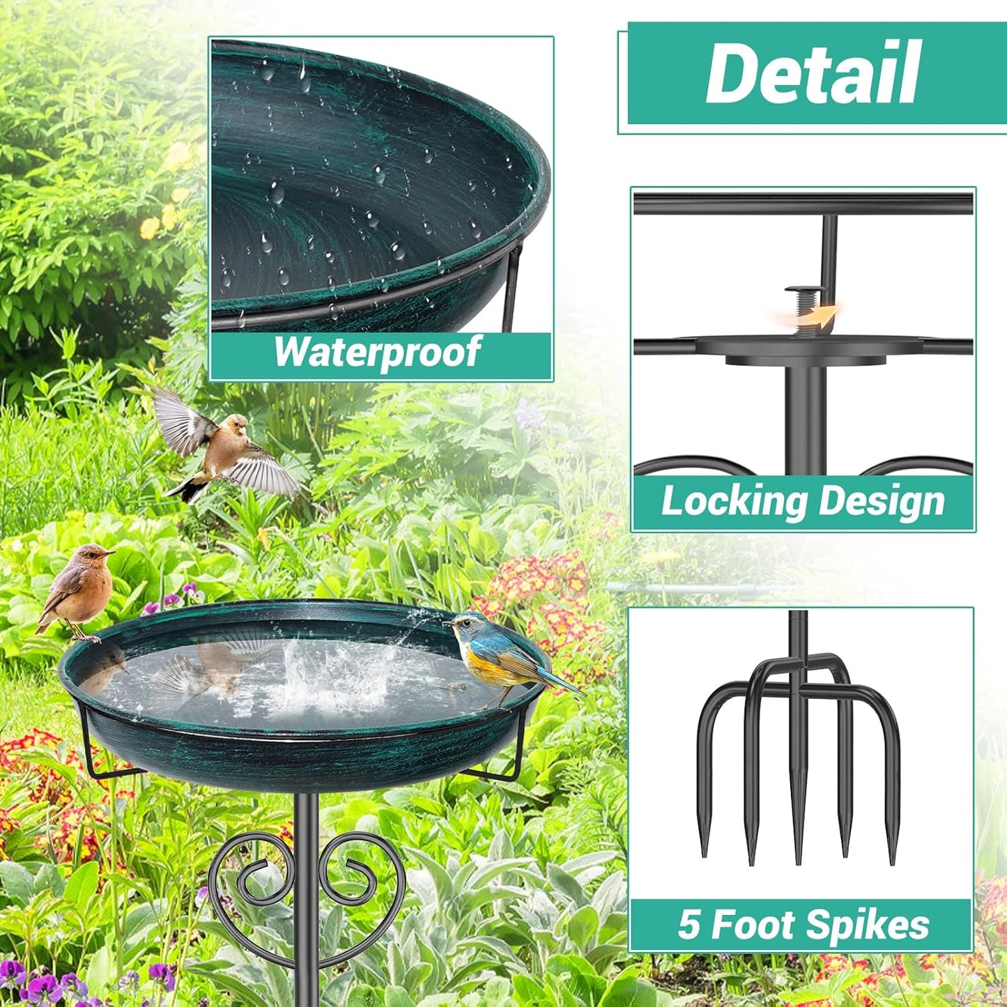 Metal Bird Bath for Outside, Freestanding Bird Bath Bird Feeder Bowl with 5-Pronged Base Stake Detachable Birdbaths Bowl for Outdoors Garden Patio Yard Lawn Decor (Vintage Green)