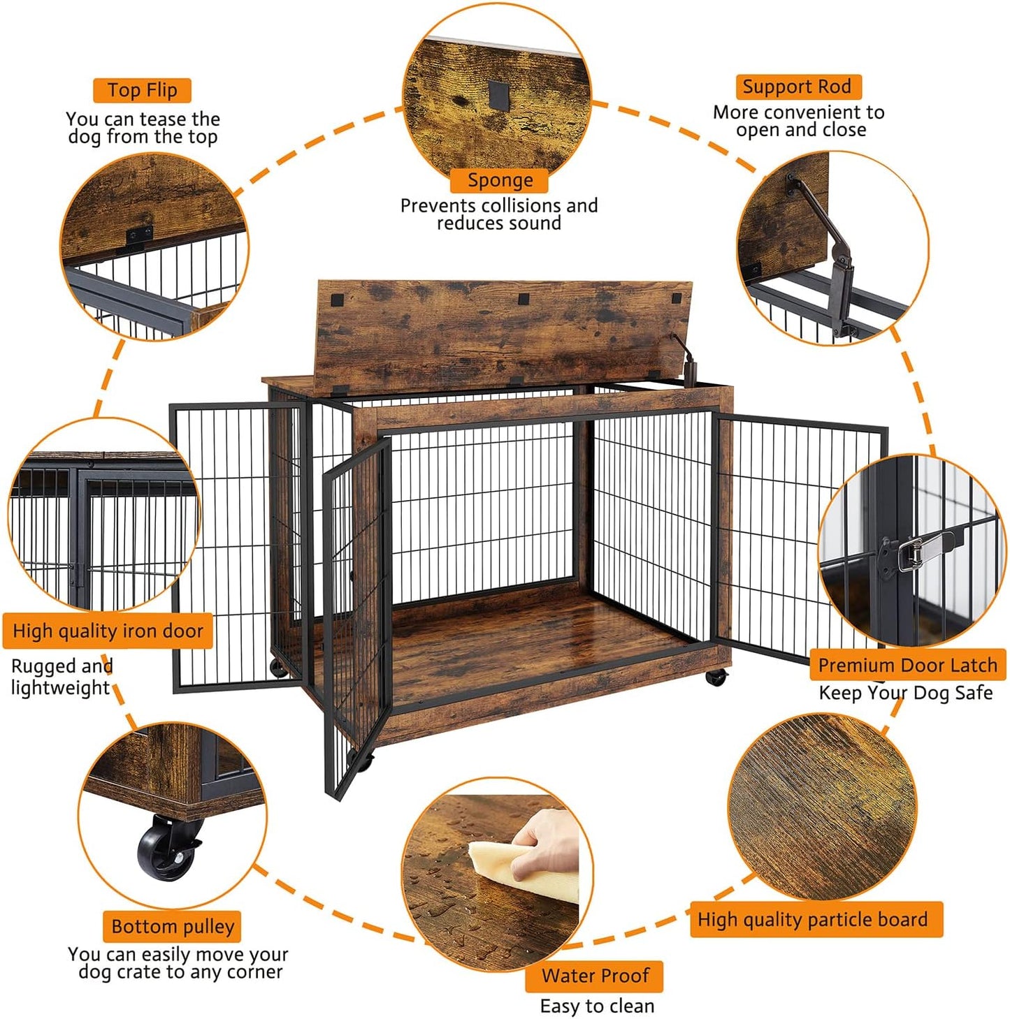 IchbinGo Dog Crate Furniture, Wooden Dog Crate Table, 43.7" Dog Kennel with 3 Doors, Flip-up Top Opening and Wheels, Decorative Pet Crate House for Large/Medium/Small Dog Indoor Use (Rustic Brown)
