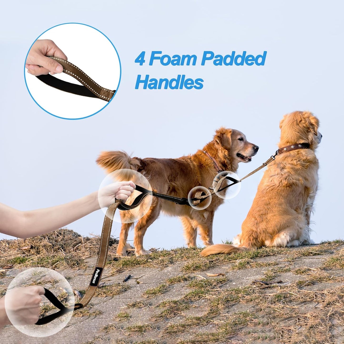 PetBonus Double Dog Leash, No Tangle Dual Leash, Reflective Walking Training Lead, 4 Comfortable Padded Handles for 2 Dogs with Collapsible Bowl and Waste Bags (Brown, Large)